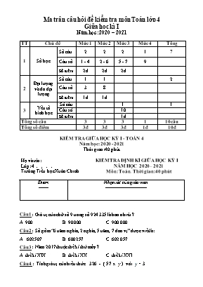 Bài kiểm tra Giữa học kỳ I môn Toán Lớp 4 - Năm học 2020-2021 - Trường Tiểu học Xuân Chinh (Có đáp án)